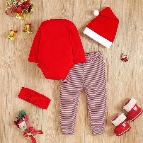 DOMOABEI بلدي 1st ملابس عيد الميلاد عيد الميلاد بيبي بوي الزي ملابس الطفل الصبي رومبير للرضيع سانتا السراويل قبعة 4 قطعة 0-18 أشهر in Kuwait