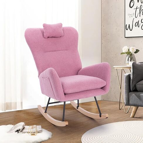 Unovivy Rocking Chair Nursery, Teddy Living Room Armchair with Wood Base, Baby Glider Rocker with Headrest & Side Handy Cocket, Small Gliding Seat for Bedroom, Office, 36" H, Deep Green in Kuwait