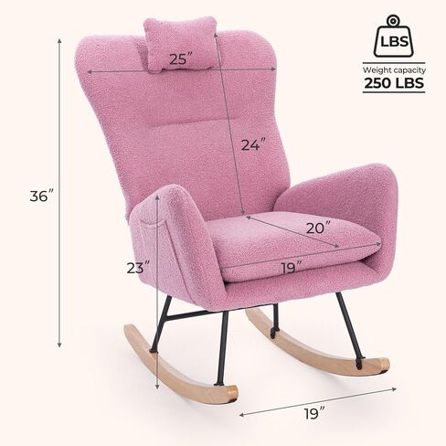 Unovivy Rocking Chair Nursery, Teddy Living Room Armchair with Wood Base, Baby Glider Rocker with Headrest & Side Handy Cocket, Small Gliding Seat for Bedroom, Office, 36" H, Deep Green in Kuwait