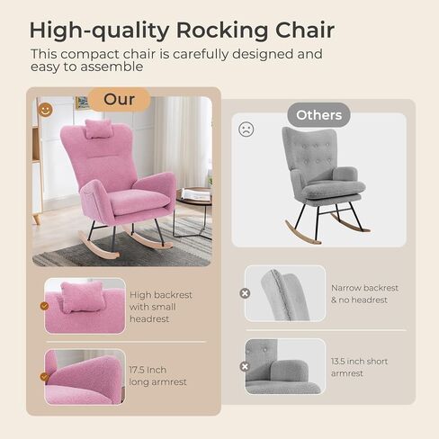 Unovivy Rocking Chair Nursery, Teddy Living Room Armchair with Wood Base, Baby Glider Rocker with Headrest & Side Handy Cocket, Small Gliding Seat for Bedroom, Office, 36" H, Deep Green in Kuwait