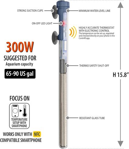 Sicce Scuba 50 Watt Aquarium Fish Tank Heater Smartphone Controlled via NFC Contactless App Adjustable | 50W Submersible for Marine Saltwater and Freshwater | Run Dry Protection in Saudi Arabia