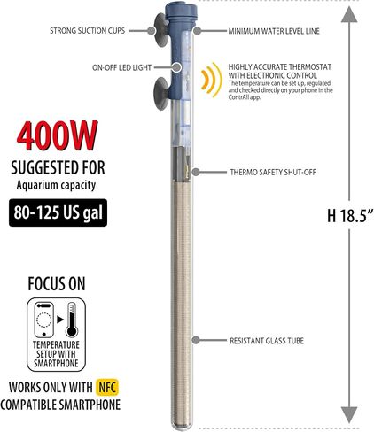 Sicce Scuba 50 Watt Aquarium Fish Tank Heater Smartphone Controlled via NFC Contactless App Adjustable | 50W Submersible for Marine Saltwater and Freshwater | Run Dry Protection in Saudi Arabia