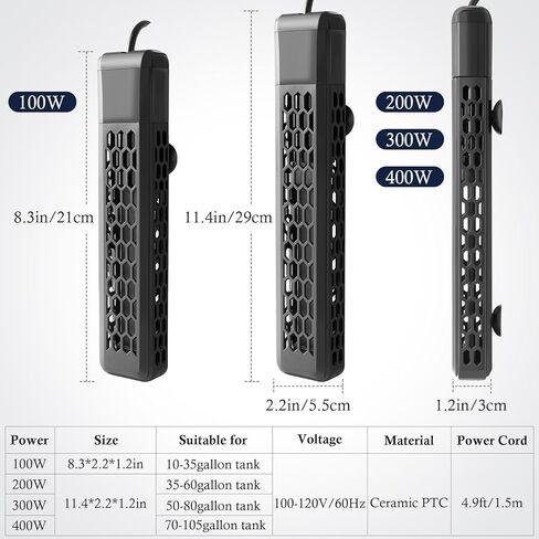 FEDOUR 200W / 300W / 400W PTC سخان حوض السمك، سخان خزان الأسماك قابل للتعديل مع وحدة تحكم في درجة الحرارة الخارجية، سخان خزان السلحفاة مع غطاء واقي قابل للفصل لمدة تصل إلى 105 جالون خزان (400W) in Kuwait