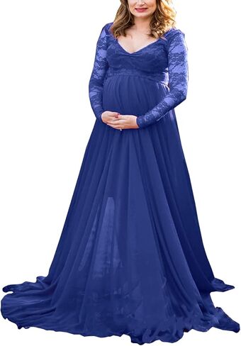 ORQ Maternity V Neck Lace Chiffon Gown Long Sleeves Maxi Photography Dress for Photoshoot Baby Shower in Kuwait