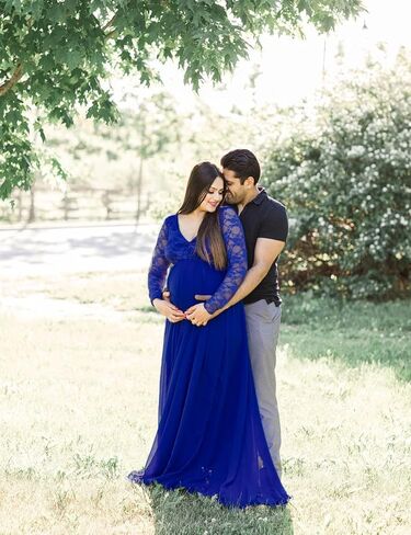 ORQ Maternity V Neck Lace Chiffon Gown Long Sleeves Maxi Photography Dress for Photoshoot Baby Shower in Kuwait