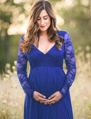 ORQ Maternity V Neck Lace Chiffon Gown Long Sleeves Maxi Photography Dress for Photoshoot Baby Shower in Kuwait