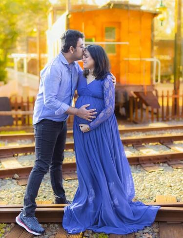 ORQ Maternity V Neck Lace Chiffon Gown Long Sleeves Maxi Photography Dress for Photoshoot Baby Shower in Kuwait