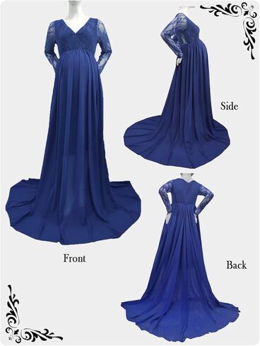 ORQ Maternity V Neck Lace Chiffon Gown Long Sleeves Maxi Photography Dress for Photoshoot Baby Shower in Kuwait