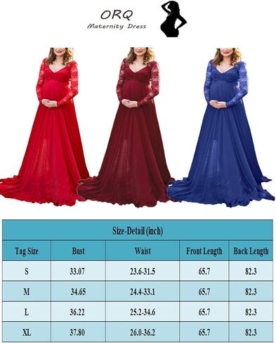 ORQ Maternity V Neck Lace Chiffon Gown Long Sleeves Maxi Photography Dress for Photoshoot Baby Shower in Kuwait