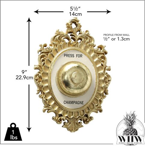 WHW Whole House Worlds Grand Hotel Decorative Door Bell, Champagne Theme, Ornamental Plaque, Non-Working Ringer, 9 Tall x 5.5 Inches Wide, Metallic Gold and White Painted Polyresin in Saudi Arabia