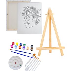 Pre Drawn Canvas Side Flower Lady Paint Kit | Adult & Teen Sip and Paint Party Favor | DIY Date Night Couple Activity (S 8X10 PAINT, EASLE, 10 PAINT BRUSHES)
