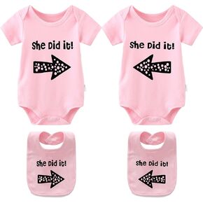 YSCULBUTOL Baby Twins Bodysuits He/She Did It Twin Outfit Girl Romper With Hat Set