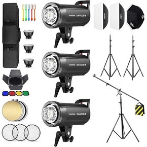 Godox 3 Pack SK400IIV 1200Ws 2.4G Speedlite Studio Flash Strobe Monolight Bowens Mount Kit للتصوير في الاستوديو، الموقع، التصوير الفوتوغرافي للصور مع Softbox، حامل الضوء، طقم باب الحظيرة، حقيبة الحمل