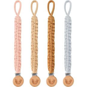 4 عبوات من مشابك اللهاية للأولاد والبنات من سلسلة بوهو قوس قزح الخشبية المصنوعة يدويًا وحامل اللهاية المضفر ومشابك بينكي لحفلات استقبال المولود الجديد كهدية عيد ميلاد in Kuwait