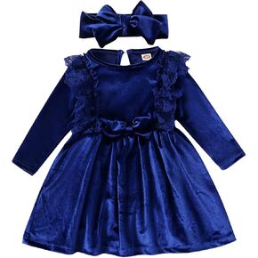ODASDO Baby Girl Velvet Dress Toddler Kids Long Sleeve A-line Princess Dress with Headband Set Fall Winter Clothes