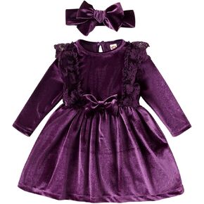 ODASDO Baby Girl Velvet Dress Toddler Kids Long Sleeve A-line Princess Dress with Headband Set Fall Winter Clothes in Kuwait