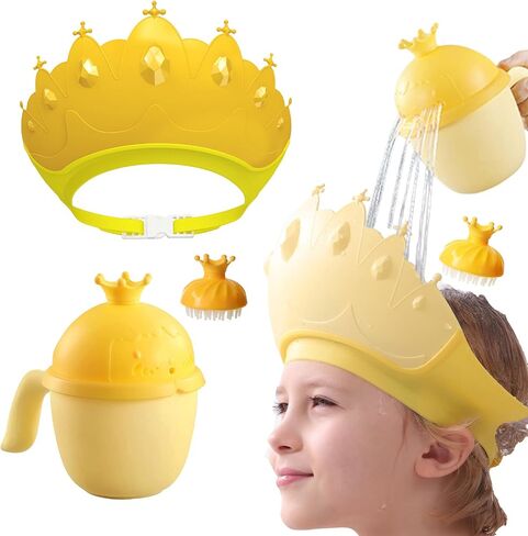 Baby Shower Cap Shield, Baby bath set shower cap/water cup/massage brush,Visor Hat for Eye and Ear Protection for 0-9 Years Old Children,Cute Crown Shape Makes the Baby Bath More Fun (Blue) in Kuwait