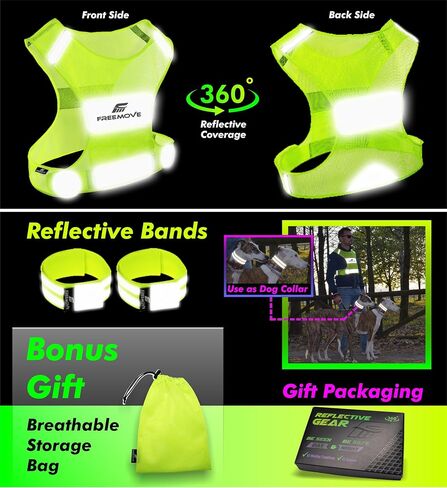 FREEMOVE Reflective Vest - Running Gear + 2 Bands & Bag/Ultralight & Comfy Safety Vests for Running, Walking, Cycling in Kuwait