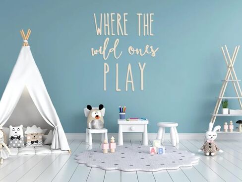 ديكور جدار غرفة اللعب، 23 بوصة XL ثلاثي الأبعاد حيث تلعب الحيوانات البرية لافتة حضانة خشبية لتزيين غرفة الأطفال الصغار ديكور غرفة نوم الأولاد والبنات علامة كلمة لغرفة النوم المنزلية (خشب - لون طبيعي) in Kuwait