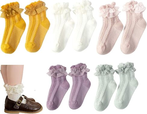 5 pairs Baby Girls Ruffle Socks, Kids Toddler Frilly Lace Ruffle Dress Cotton Socks in Saudi Arabia