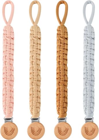 4 عبوات من مشابك اللهاية للأولاد والبنات من سلسلة بوهو قوس قزح الخشبية المصنوعة يدويًا وحامل اللهاية المضفر ومشابك بينكي لحفلات استقبال المولود الجديد كهدية عيد ميلاد in Kuwait