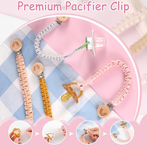 4 عبوات من مشابك اللهاية للأولاد والبنات من سلسلة بوهو قوس قزح الخشبية المصنوعة يدويًا وحامل اللهاية المضفر ومشابك بينكي لحفلات استقبال المولود الجديد كهدية عيد ميلاد in Kuwait