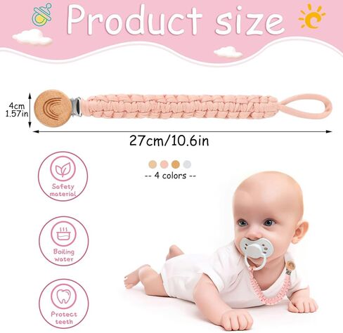 4 عبوات من مشابك اللهاية للأولاد والبنات من سلسلة بوهو قوس قزح الخشبية المصنوعة يدويًا وحامل اللهاية المضفر ومشابك بينكي لحفلات استقبال المولود الجديد كهدية عيد ميلاد in Kuwait