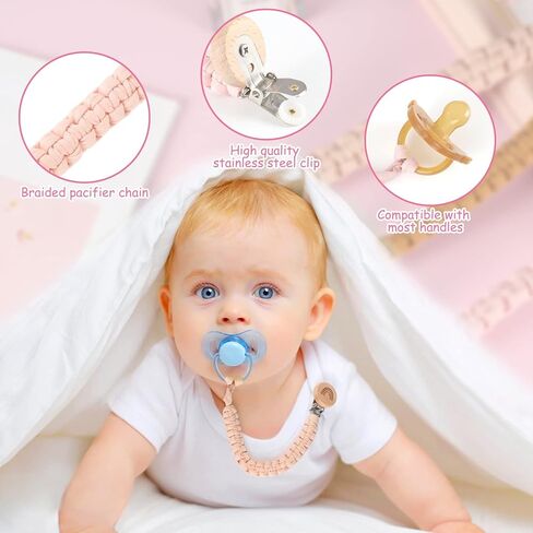 4 عبوات من مشابك اللهاية للأولاد والبنات من سلسلة بوهو قوس قزح الخشبية المصنوعة يدويًا وحامل اللهاية المضفر ومشابك بينكي لحفلات استقبال المولود الجديد كهدية عيد ميلاد in Kuwait