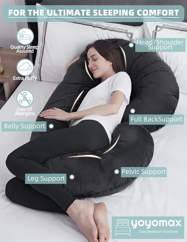 وسائد حمل على شكل حرف C من تينكل ويل، وسادة حمل من الميموري فوم، وسادة حمل لكامل الجسم مع غطاء قابل للازالة، وسائد حمل مقاس 52 انش للنوم (اسود) in Kuwait