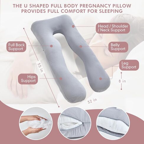 وسادة حمل جونبي لتبريد النوم، وسادة أمومة لكامل الجسم مصنوعة من الموسلين بنسبة 100%، دعم للظهر والساقين والبطن والوركين - وسادة نوم جانبية (رمادي فاتح، 55 بوصة) in Kuwait