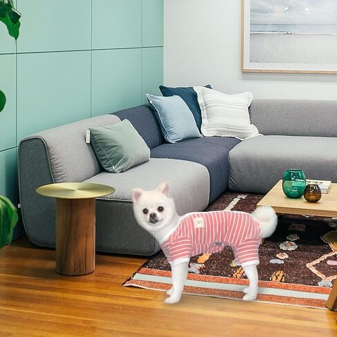 TONY HOBY Female/Male Pet Dog Pajamas Stripes 4 Legged Dog pjs Jumpsuit Soft Cotton Dog Clothes (L, Pink+White-Girls) in Kuwait
