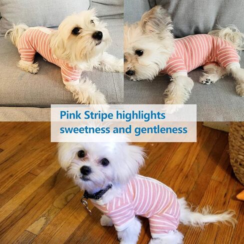 TONY HOBY Female/Male Pet Dog Pajamas Stripes 4 Legged Dog pjs Jumpsuit Soft Cotton Dog Clothes (L, Pink+White-Girls) in Kuwait
