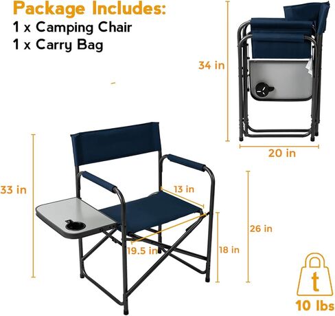 كرسي تخييم Pacific Pass Directors مع طاولة جانبية مدمجة وحامل أكواب، قابل للطي - سبائك فولاذية، كحلي in Kuwait