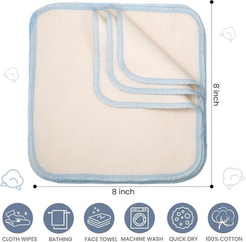 Mixweer 96 Pcs Flannel Cloth Baby Wipes Reusable Baby Diapers Wipes Washable Natural Unbleached Baby Face Wipes Soft and Sturdy Cloth Wipes 8 Colors Outer Stitching 8 x 8 Inches in Saudi Arabia