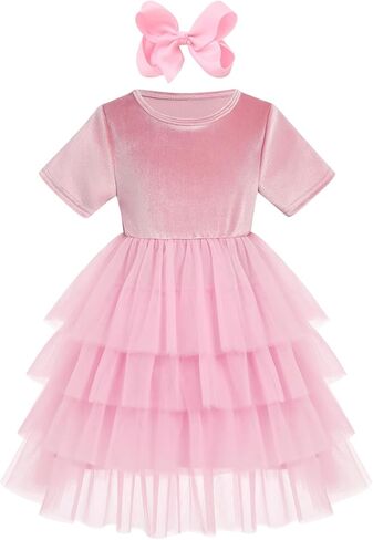 Kids Girls Fall Winter Long Sleeve Velvet Tiered Tulle Tutu Dress Wedding Flower Girl Dress in Kuwait