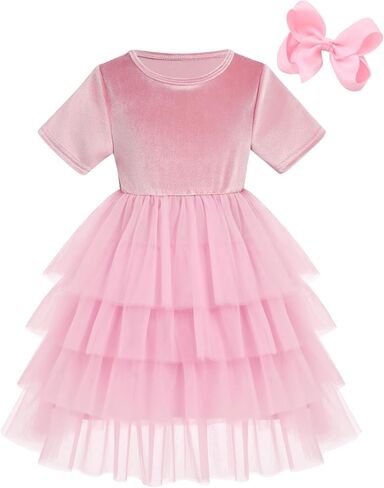 Kids Girls Fall Winter Long Sleeve Velvet Tiered Tulle Tutu Dress Wedding Flower Girl Dress in Kuwait