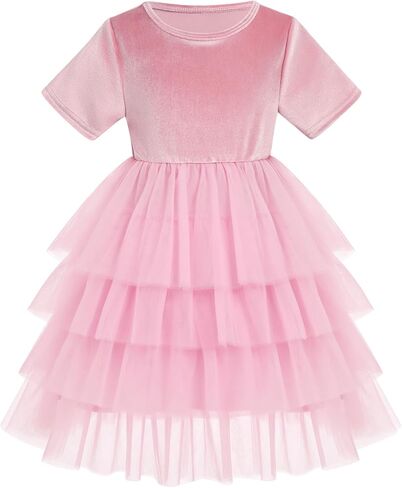 Kids Girls Fall Winter Long Sleeve Velvet Tiered Tulle Tutu Dress Wedding Flower Girl Dress in Kuwait