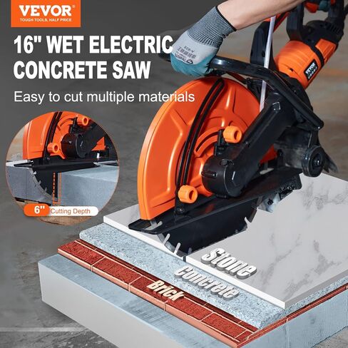 VEVOR Electric Concrete Saw, 16 in, 3200 W Motor Circular Saw Cutter | Max. 6 in Adjustable Cutting Depth, Wet Disk Cutter, Includes Water Line, Pump and Blade, For Stone, Brick in Saudi Arabia