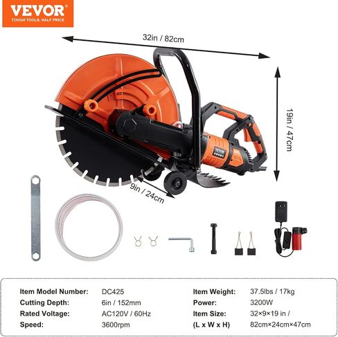 VEVOR Electric Concrete Saw, 16 in, 3200 W Motor Circular Saw Cutter | Max. 6 in Adjustable Cutting Depth, Wet Disk Cutter, Includes Water Line, Pump and Blade, For Stone, Brick in Saudi Arabia
