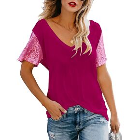 تي شيرت نسائي قصير الأكمام مزين بالترتر من Topstype ورقبة على شكل حرف V بريق لامع وفضفاض in Kuwait