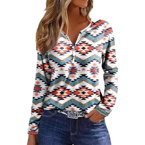 Long Sleeve T Shirts Aztec Cow Western Tops for Women Casual V Neck Ethnic Style Tops Novelty Blouse Fall Pullover
