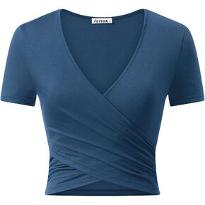 VETIOR Women's Sexy Deep V Neck Short Sleeve Unique Slim Fit Cross Wrap Shirts Crop Tops Going Out Tops