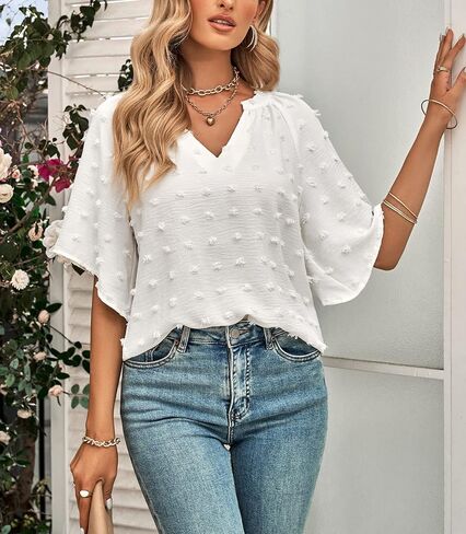 بلوزات عمل نسائية صيفية من ARJOSA بأكمام واسعة 3/4 من الشيفون، بلوزات عمل كاجوال بيبي دول أنيقة in Kuwait