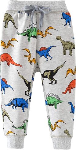 HUAER& Boys Cartoon Print Dinosaur Monkey Pattern Cotton Pants Drawstring Elastic Sweatpants in Saudi Arabia