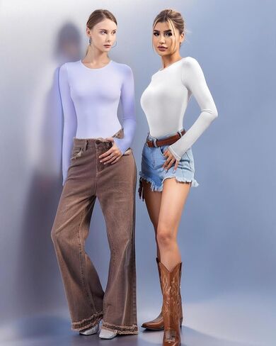 ALGALAROUND Women's Crew Neck Long Sleeve Bodysuit: Body Sculpting, Premium Double Lined, Compression Basics for Second-Skin in Kuwait