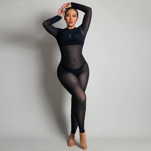 سالوبيت نسائي شبكي شفاف من Suprenx، ملابس ضيقة بأكمام طويلة بدون ملابس داخلية in Kuwait