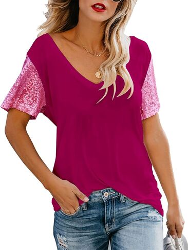 تي شيرت نسائي قصير الأكمام مزين بالترتر من Topstype ورقبة على شكل حرف V بريق لامع وفضفاض in Kuwait