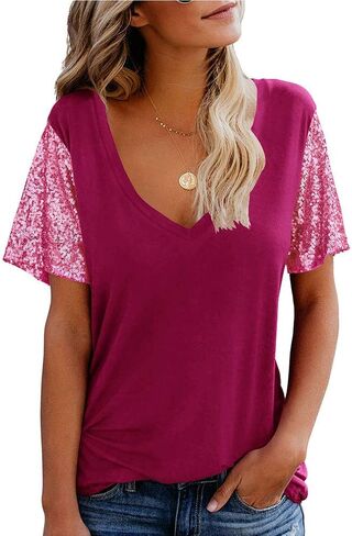 تي شيرت نسائي قصير الأكمام مزين بالترتر من Topstype ورقبة على شكل حرف V بريق لامع وفضفاض in Kuwait