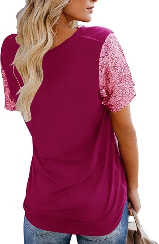 تي شيرت نسائي قصير الأكمام مزين بالترتر من Topstype ورقبة على شكل حرف V بريق لامع وفضفاض in Kuwait