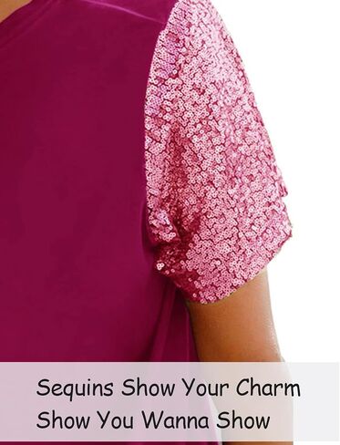 تي شيرت نسائي قصير الأكمام مزين بالترتر من Topstype ورقبة على شكل حرف V بريق لامع وفضفاض in Kuwait